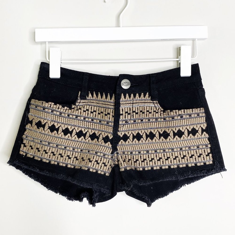 Karma Blue Boho Black Embroidered Jean Shorts
